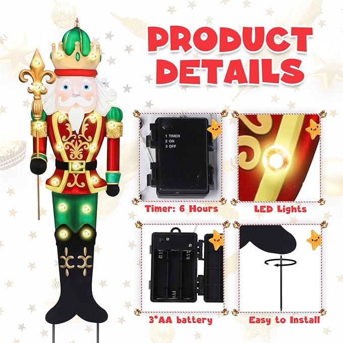 WONDER GARDEN Christmas Metal Yard Stakes, Lighted Nutcracker Soldier, Outdoor Christmas Decorations for Lawn Party Outside