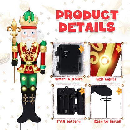 WONDER GARDEN Christmas Metal Yard Stakes, Lighted Nutcracker Soldier, Outdoor Christmas Decorations for Lawn Party Outside
