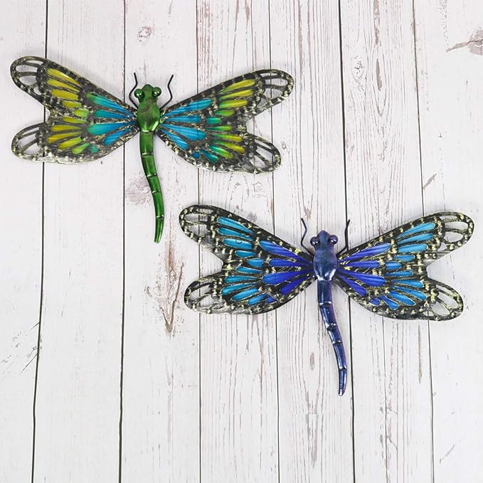 HONGLAND 2Pcs Metal Dragonfly Wall Decor Outdoor Dragonfly Wall Art Glass Sculpture for Home Garden Fence-Blue&Green