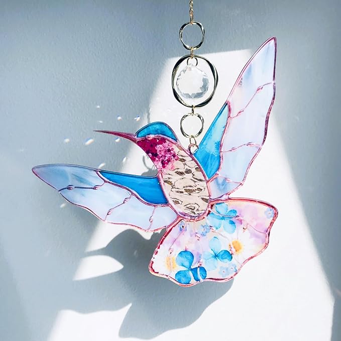 Blue Acrylic Hummingbird Flowers Garden Suncatcher Window Hanging Crystal Prism Rainbow Maker Sun Catcher Ornaments Birthday Christmas Thanksgiving Gifts for Mom Grandma Sister Bird Lovers