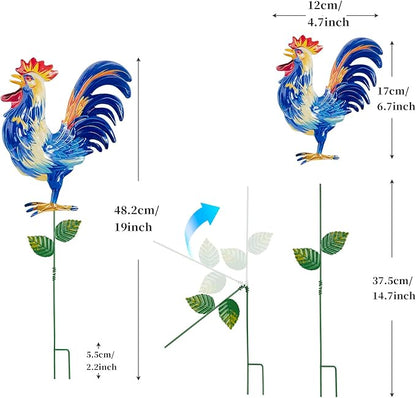 Metal Garden Stakes Outdoor Decor, 18 inch Garden Yard Art, Weather Proof Rooster Stakes for Yard Lawn Porch Pathway Patio Plant Pot Decorations, 4 Pack (Rooster-a-Head)