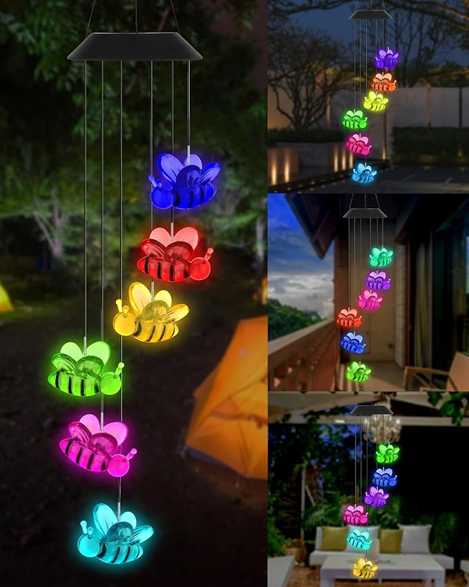 DOUBLEZHE Solar Wind Chimes for Outside, Color Changing Bee Wind Chimes Outdoor Clearance, Birthday Gifts for Mom Women Grandma Wife Girls, Unique Garden Decor Colorful Patio, Balcony Yard Decoration
