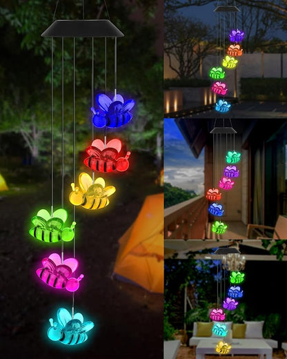 DOUBLEZHE Solar Wind Chimes for Outside, Color Changing Bee Wind Chimes Outdoor Clearance, Birthday Gifts for Mom Women Grandma Wife Girls, Unique Garden Decor Colorful Patio, Balcony Yard Decoration