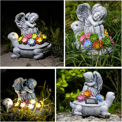 Solar Angel Turtle Garden Statue - IP65 Waterproof Outdoor Decor with 7 LED Lights - Heartwarming Memorial Gifts for Mom, Grandma - Resin Figurine for Patio & Yard