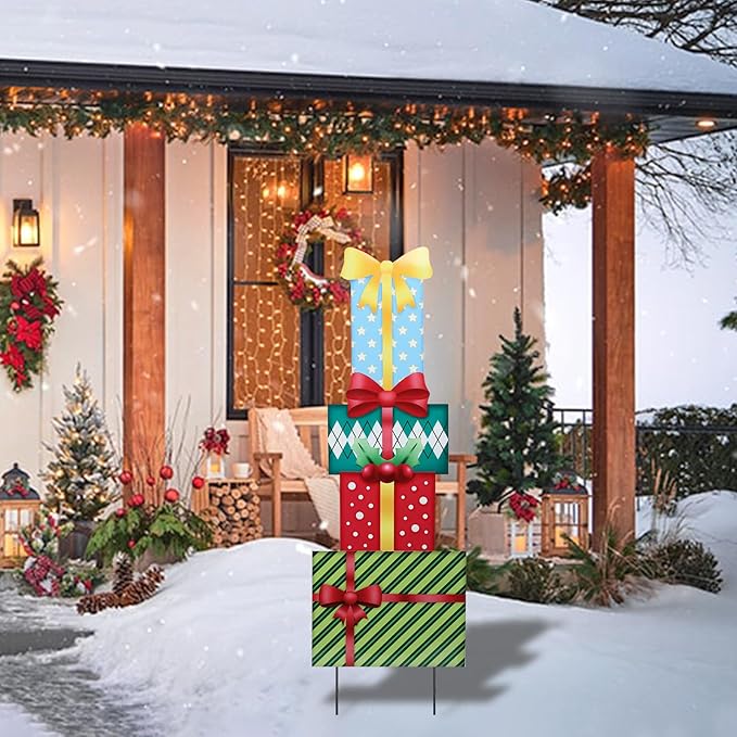 Afirst Christmas Yard Stakes Gift Box Christmas Yard Decorations Detachable 4 Stacked Gifts Boxes Metal Yard Stakes Outdoor Xmas Stake for Lawn Pathway Outdoor Decoration