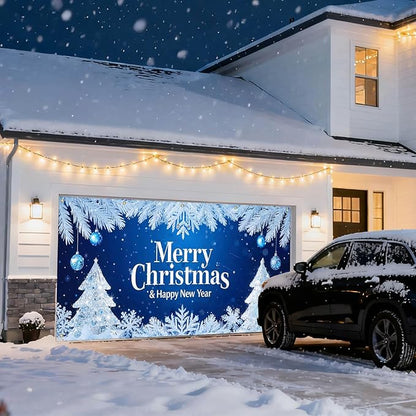 IVN Merry Christmas Happy New Year Garage Door Banner 13x6 ft Christmas Garage Door Wnter Scene Background Indoor Outdoor Blue Snowflake Tree Holiday Decorations for Home Wall Backdrop Decor