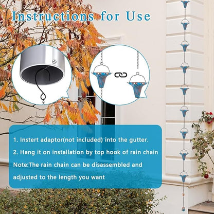 11.5 Ft Rain Chains for Gutters, Metal Rain Chain with 12 Funnel Cups, Rain Catcher Chain for Eaves Drainage, Adjustable Rainwater Chain for Outdoor Decor