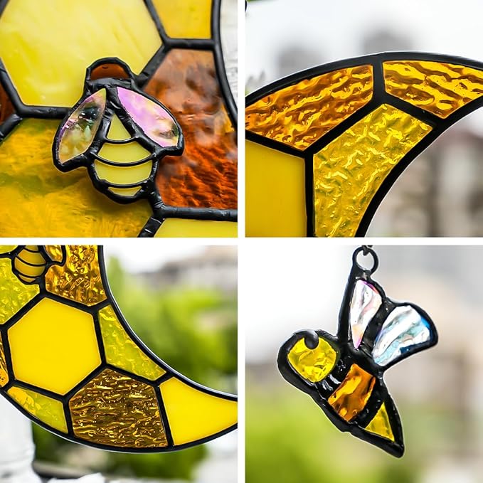 Bee Stained Glass Suncatcher for Window,Honeycomb Stained Glass Window Hanging Moon Decor,Bees Gifts for Women,Bee Lovers,Housewarming Gift,Honeybee Decor for Birthday Party