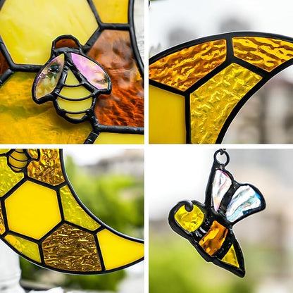 Bee Stained Glass Suncatcher for Window,Honeycomb Stained Glass Window Hanging Moon Decor,Bees Gifts for Women,Bee Lovers,Housewarming Gift,Honeybee Decor for Birthday Party