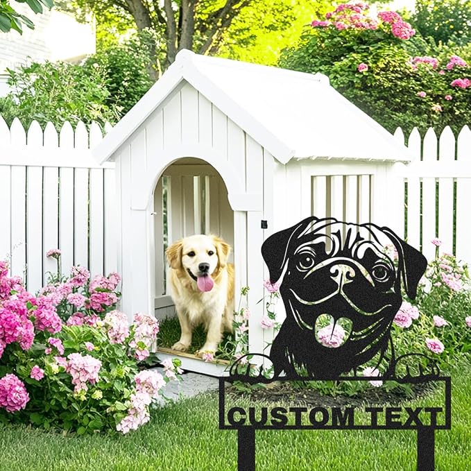 Custom Metal Pug Dog Garden Stake Sign, Personalized Pet Dog Statue Sculpture Garden Marker Outdoor Sign, Customized Cute Animal Pug Yard Art Backyard Lawn Signs Plaque with Stakes