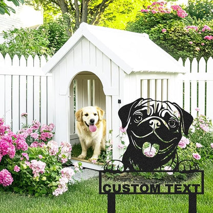 Custom Metal Pug Dog Garden Stake Sign, Personalized Pet Dog Statue Sculpture Garden Marker Outdoor Sign, Customized Cute Animal Pug Yard Art Backyard Lawn Signs Plaque with Stakes