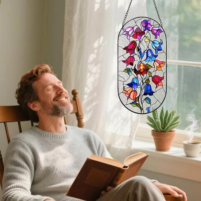 Stained Glass Window Hanging, Colorful Morning Glories Long Sun Catcher for Wall Door Vertical Decor, Garden Yard Linear Hanging Gifts for Women, Men, Mom, Day Birthday, Party Holiday