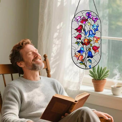 Stained Glass Window Hanging, Colorful Morning Glories Long Sun Catcher for Wall Door Vertical Decor, Garden Yard Linear Hanging Gifts for Women, Men, Mom, Day Birthday, Party Holiday