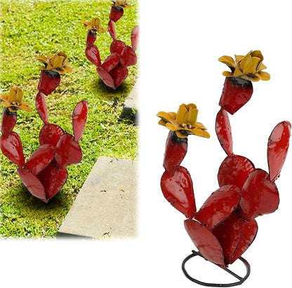 Metal Cactus Outdoor Decor – Rustic Iron Cactus Yard Art Sculpture for Garden, Patio, Lawn, or Balcony (Red)