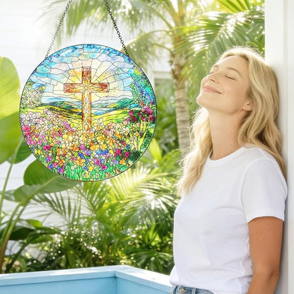 Cross and Wildflower Stained Glass Suncatcher, Christian Cross Window Hanging Decor, Religious Faith Gift, Garden Sun Catchers Hanging Wall Art 8 inch