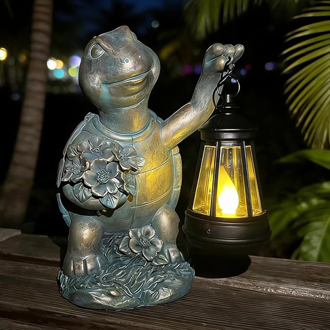 Solar Garden Outdoor Statues Lantern Figurines Light Decorations for Outdoor Patio Balcony Yard Lawn, Ideal Gifts for Mom Friends (Bronze- Turtle)