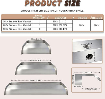 Curved-Mouth Waterfall Pool Fountain, Stainless Steel Waterfall Spillway with Pipe Connector Kits for Outdoor Decorative, 35.4 Inches Pool Water Feature for Garden Patio, Without Cover Plate