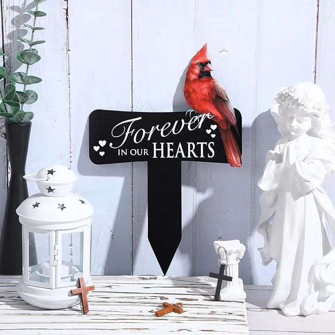 Hicarer Cardinals Grave Markers Cardinals Memorial Gift Metal Sympathy Stakes for Cemetery Memorial, Garden Yard, 11.8 x 7.87 Inch(Forever in Our Hearts)