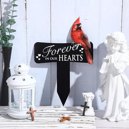 Hicarer Cardinals Grave Markers Cardinals Memorial Gift Metal Sympathy Stakes for Cemetery Memorial, Garden Yard, 11.8 x 7.87 Inch(Forever in Our Hearts)