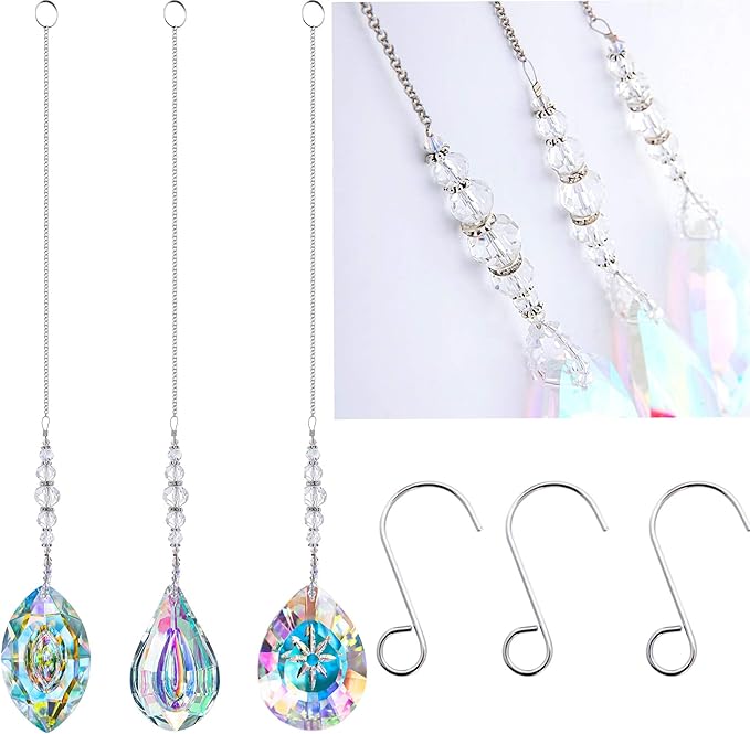 YU FENG 3PCS Crystal Suncatcher Set, Hanging Glass Prism Rainbow Maker for Window, Home & Garden Decor Light Catchers