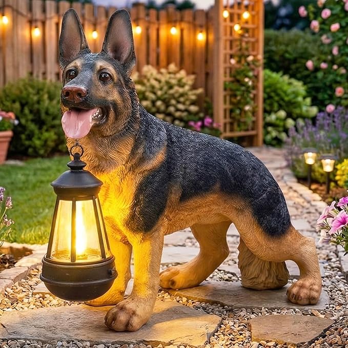 German Shepherd Garden Statue with Solar Lantern, Lifelike Dog Outdoor Decor with Interchangeable Welcome & On Patrol Sign, Waterproof Resin Animal Figurine for Porch, Yard, Patio, Dog Lover Gift