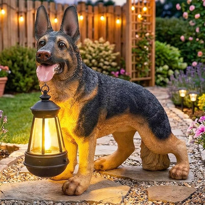 German Shepherd Garden Statue with Solar Lantern, Lifelike Dog Outdoor Decor with Interchangeable Welcome & On Patrol Sign, Waterproof Resin Animal Figurine for Porch, Yard, Patio, Dog Lover Gift