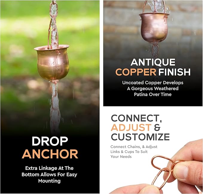 Copper Rain Chain – Decorative Chimes & Cups Replace Gutter Downspout & Divert Water Away from Home for Stunning Fountain Display – 3’ Long for Universal Fit – Pot Style…