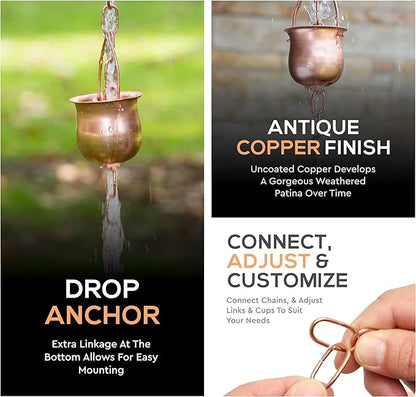 Copper Rain Chain – Decorative Chimes & Cups Replace Gutter Downspout & Divert Water Away from Home for Stunning Fountain Display – 3’ Long for Universal Fit – Pot Style…