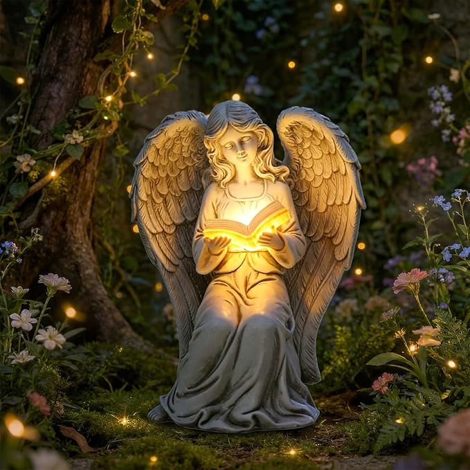 Angel Statue Outdoor Decor, Elegant Angel Garden Statues Reading Book with Solar LED Lights Yard Decorations Lawn Ornaments Figurines Resin Sculpture for Outside, Angel Gardening Gifts