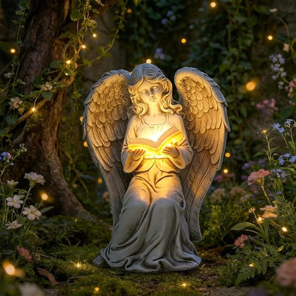 Angel Statue Outdoor Decor, Elegant Angel Garden Statues Reading Book with Solar LED Lights Yard Decorations Lawn Ornaments Figurines Resin Sculpture for Outside, Angel Gardening Gifts