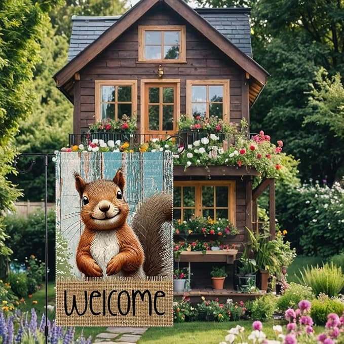 Spring Summer Garden Flag Welcome Garden Flags 12x18 inch Double Sided Small Burlap Squirrel Decor Yard Lawn Outdoor Home Decoratio