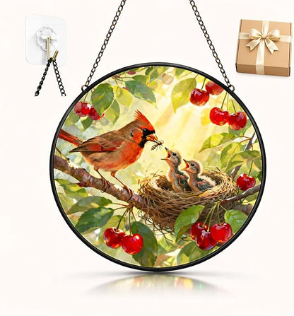 Cardinal Nest Suncatcher Window Hanging, 7.8" Stained Glass Decor, Meaningful for Mom, Family, Friends and Loved Ones, Home Decor for Window, Kitchen, Sunroom and Garden