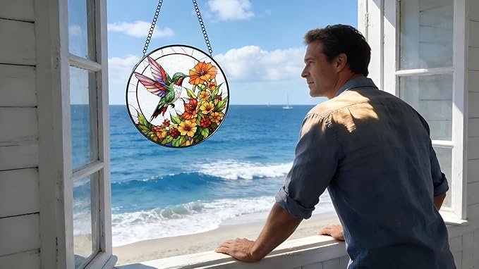 Stained Glass Window Hanging - Hummingbirds are Collecting Nectar 6.3 Inches Suncatcher for Garden Home Decor for Women Mon Grandma Friends