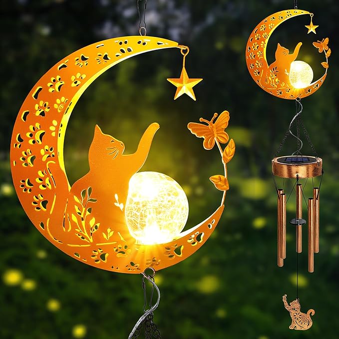 Solar Moon Cat Wind Chimes, Cat Lover Gifts for Mom Women Men Birthday Mothers Day, Hanging Outdoor Decor Cracked Glass Ball Memorial Large Wind Chimes, Decorations for Garden Yard Patio Porch
