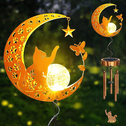 Solar Moon Cat Wind Chimes, Cat Lover Gifts for Mom Women Men Birthday Mothers Day, Hanging Outdoor Decor Cracked Glass Ball Memorial Large Wind Chimes, Decorations for Garden Yard Patio Porch