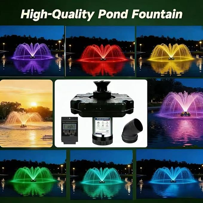Pond Fountain Aerator,Pond Fountain, 1 HP with Dynamic LED RGB Lighting, Adjustable Modes, Digital Timer | 15,000 GPH, 750W 110V, 100FT Cord - for Large Ponds, Lakes & Outdoor Water Features