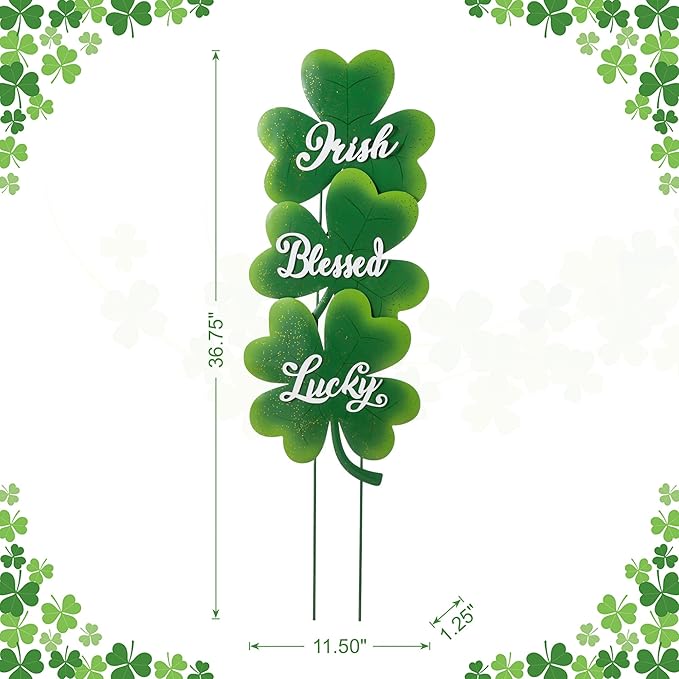Glitzhome St Patricks Day Yard Signs Outdoor Decorations, 36.75"H Metal Shamrock Garden Stakes Set of 3, Green Shamrock Sign Decor for Irish Outside Lawn Porch