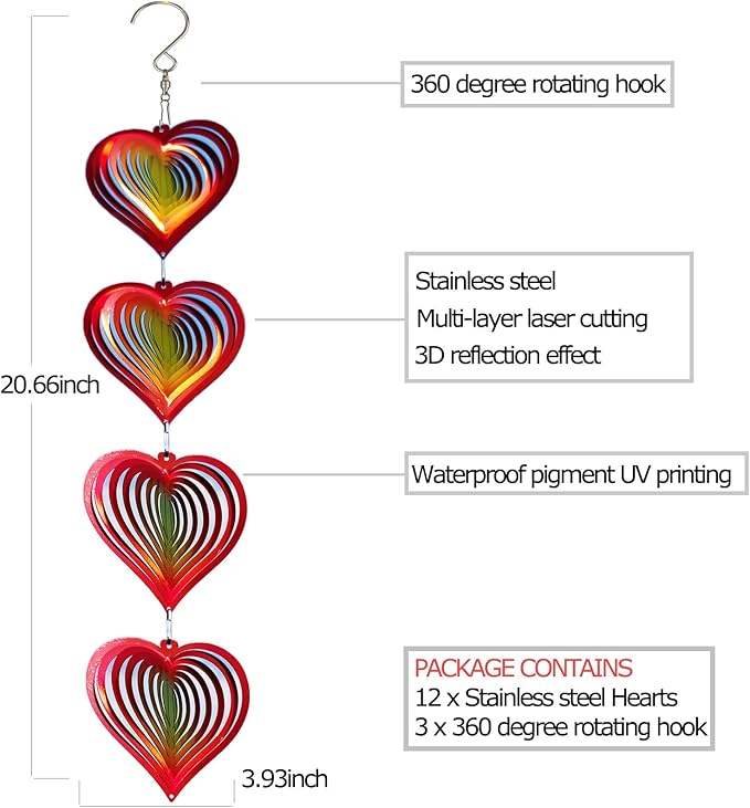 DJUAN Heart Wind Spinners Outdoor Garden Decor,Mini Yard Lawn Ornaments Metal Wind Spinner with 360 Degree Swivel Hook, Christmas,Luau Party,Tropical Party Decorations,Gifts for Mom,Women