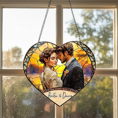 NAZENTI Custom Couple Photo Stained Glass Suncatcher - Gifts for Valentine Birthday Anniversary, Personalized Couples Portrait Window Hanging for Him Husband Wife, Couple Keepsake Heart