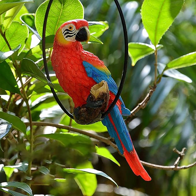 Hanging Parrot Statue Resin Parrot Ornament Metal Round Ring Decoration for Garden Resin Sculpture for Garden Patio Wall Craft Home Outdoor Decoration-01