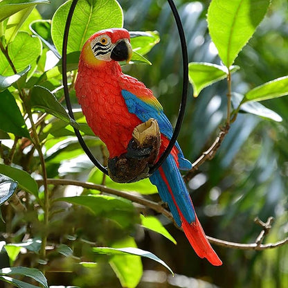 Hanging Parrot Statue Resin Parrot Ornament Metal Round Ring Decoration for Garden Resin Sculpture for Garden Patio Wall Craft Home Outdoor Decoration-01