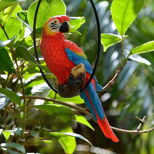 Hanging Parrot Statue Resin Parrot Ornament Metal Round Ring Decoration for Garden Resin Sculpture for Garden Patio Wall Craft Home Outdoor Decoration-01