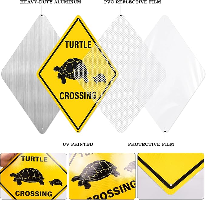 2 Pack Turtle Crossing Sign 12" x 12" Reflective Aluminum Warning Signs UV Protected Waterproof Funny Metal Turtle XING Sign for Yard Garden Fence House Outdoor Wall Decor