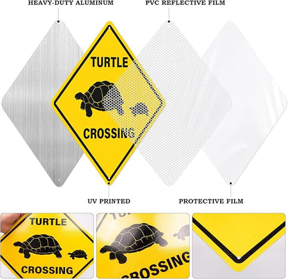 2 Pack Turtle Crossing Sign 12" x 12" Reflective Aluminum Warning Signs UV Protected Waterproof Funny Metal Turtle XING Sign for Yard Garden Fence House Outdoor Wall Decor