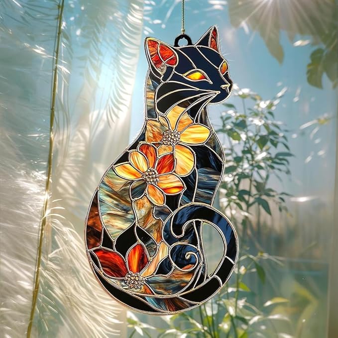 Floral Black Cat Acrylic Suncatcher, Boho Suncatchers for Window Hanging Ornament, Stained Glass Effect Art Garden Decor for Cat Lover, Gifts for Mother's Day, Mom, Grandma, Wife, Women, Nana