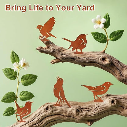 5PCS Metal Birds Fence Decoration, Outdoor Rusty Birds Garden Sculptures and Yard Art, Craft Statue Ornaments Rustic Farmhouse Garden Decor (Style 1)