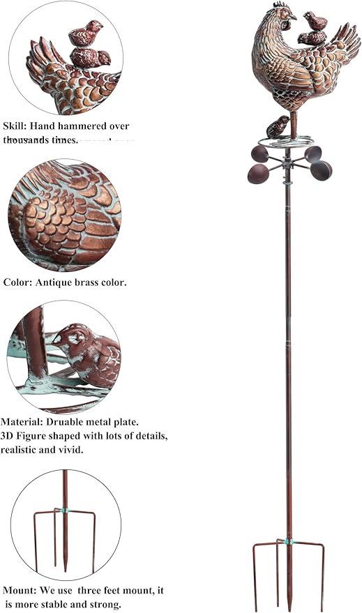 Metal Hen & Chicks Statue Wind Spinner for Yard Garden,79" 3D Large Kinetic Chicken Sculpture Garden Spinner for Outside,Antique Copper Chicken Wind Vane for Outdoor Patio Lawn Backyard Yard Art