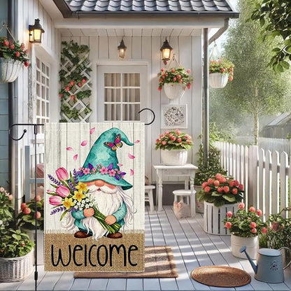 Welcome Garden Flag 12x18 Inch Double Sided with Spring Gnome, Butterfly, Tulips, Daffodils, and Floral Bouquet for Outdoor Yard Decoration