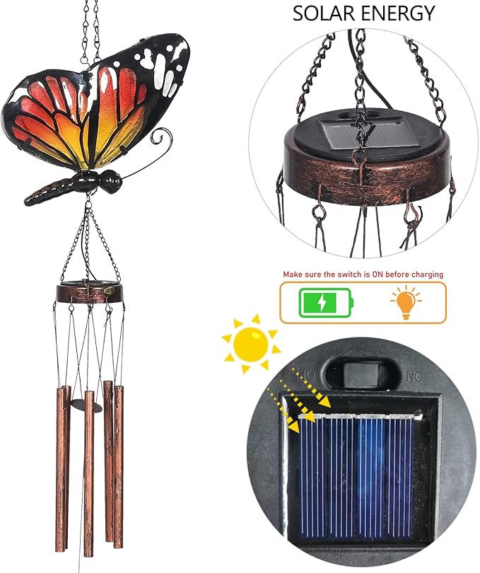Asense Hanging Wind Chimes for Outside, Solar Powered LED Lights Butterfly Wind Chime, Outdoor Garden Lawn Yard Patio Decoration, Unique Decor Gifts