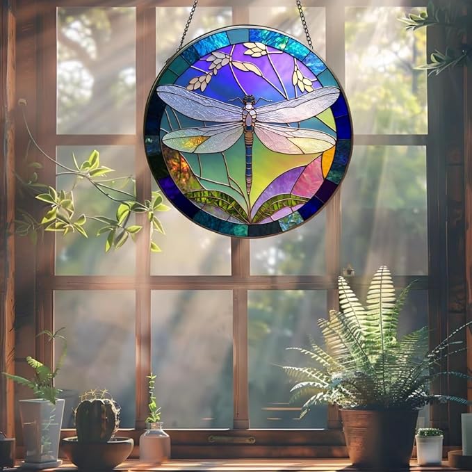 Suncatcher Dragonfly Stained Glass Suncatchers Stained Glass Ornament for Home Decor Indoor Wall Art Gift for Mother Women Friends (Dragonfly, M)